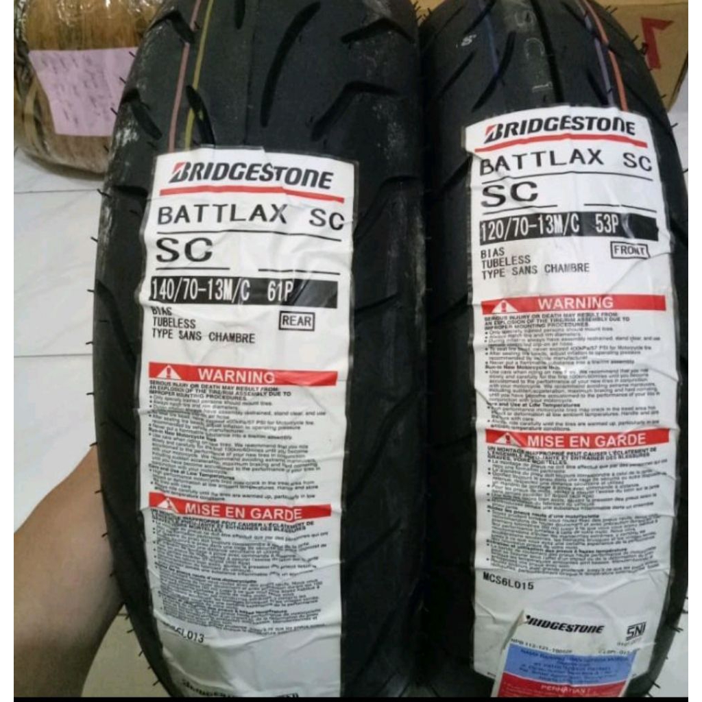 PAKETAN BAN LUAR BATTLAX BRIDGESTONE SC UKURAN 120/70-13 DAN 140/70-13 TUBELES