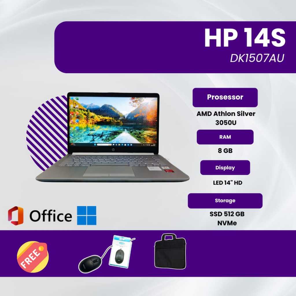 Laptop HP 14S-DK1507AU Athlon Silver Seri 3000 RAM 8 GB SSD 512 GB NVMe