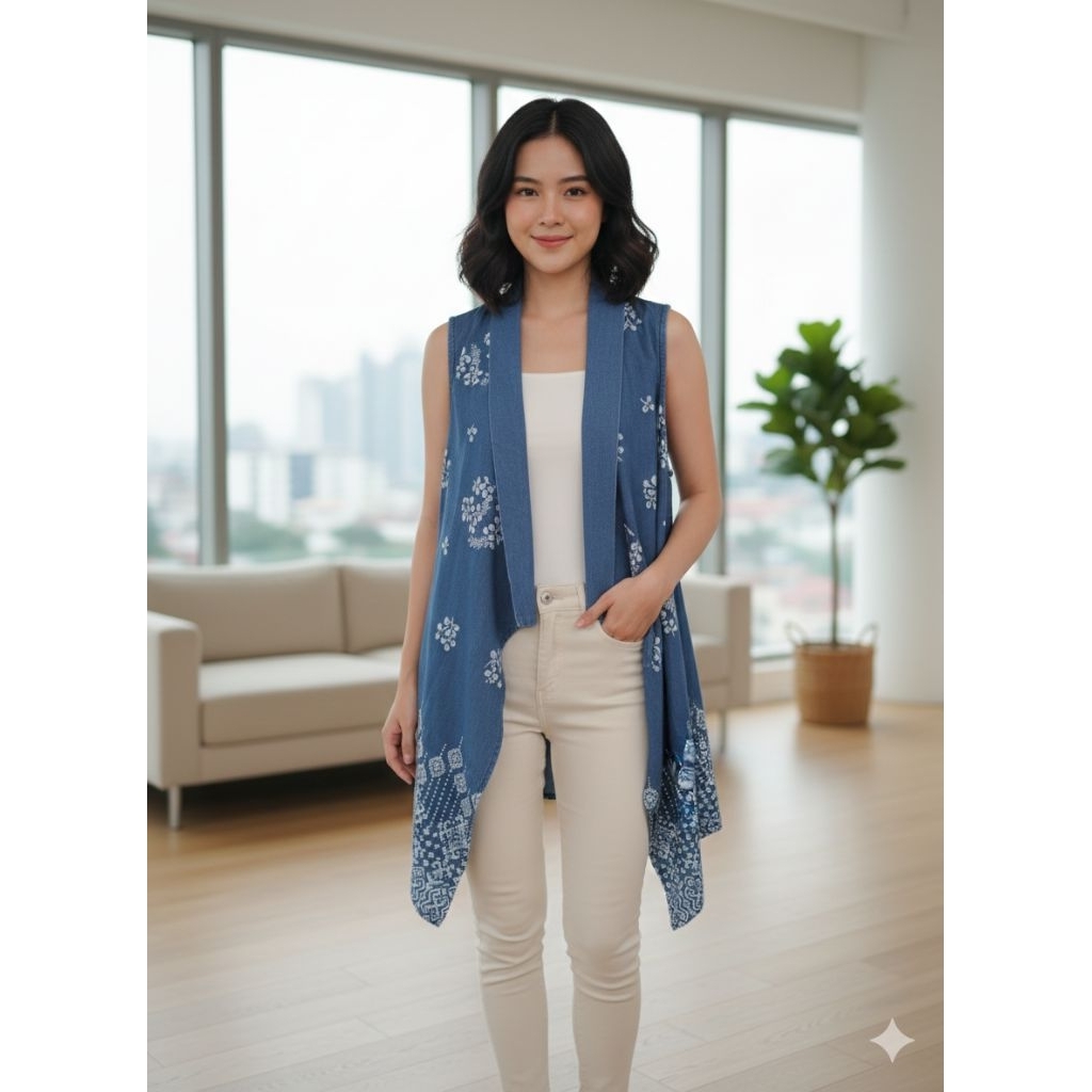 Outer Batik wanita tanpa lengan,motif mawar Batik jeans/Denim
