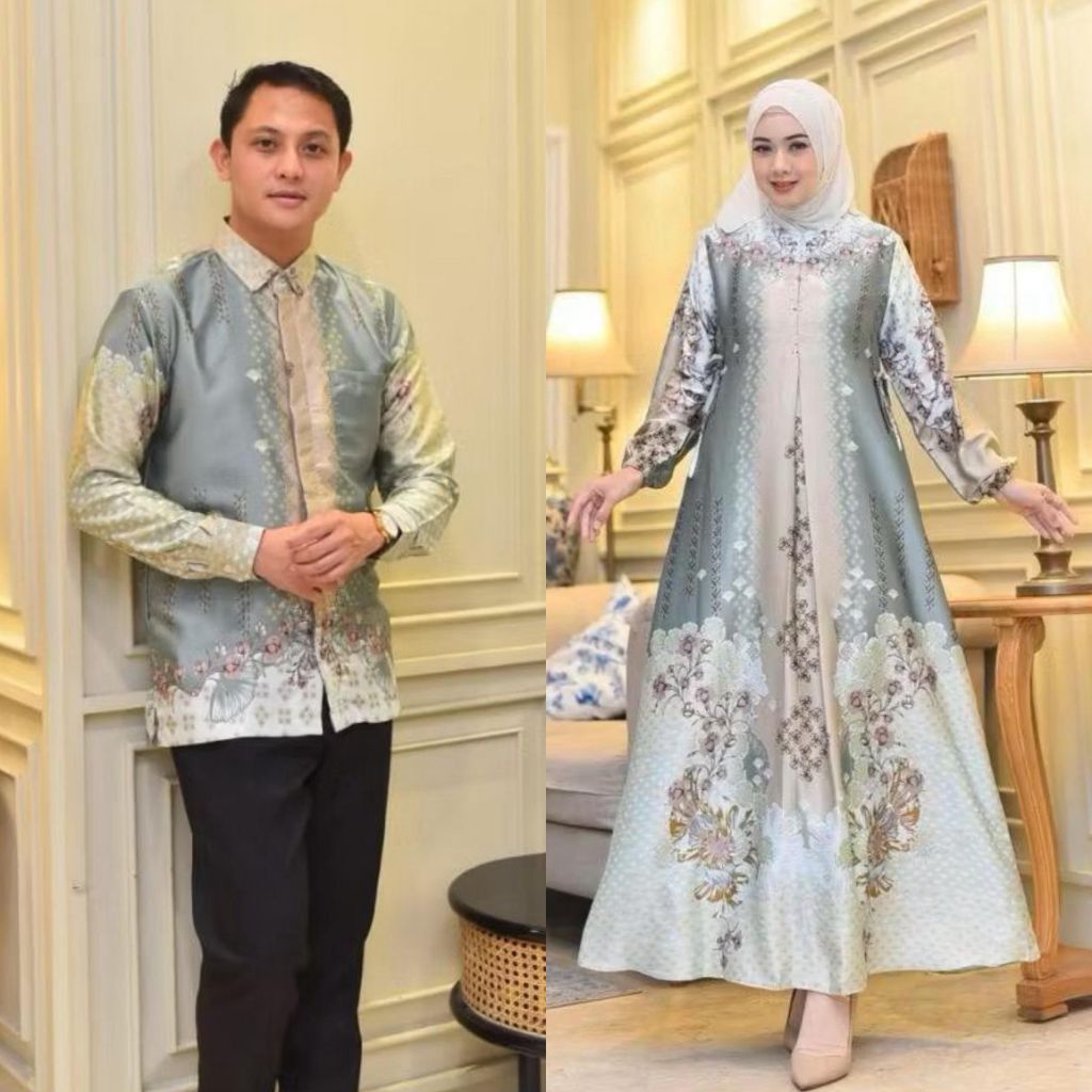 Dress MEDINA Bahan Silk Premium Gamis Silk Motif Bunga Set Couple Kemeja Pria Couple Terbaru Murah