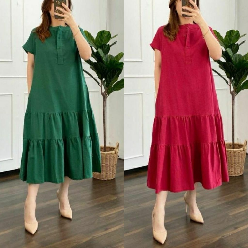BESTGIRL TERUSAN DRESS RUFFLE WANITA SIMPLE CASUAL POLOS BAHAN KATUN POPLIN PREMIUM