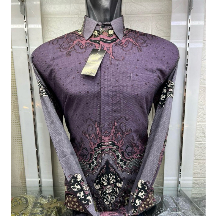 NEAT Ungu Violet Kemeja Baju Batik Serat Dobby Lengan Panjang Pria Premium Pakai Furing Motif Etnik 
