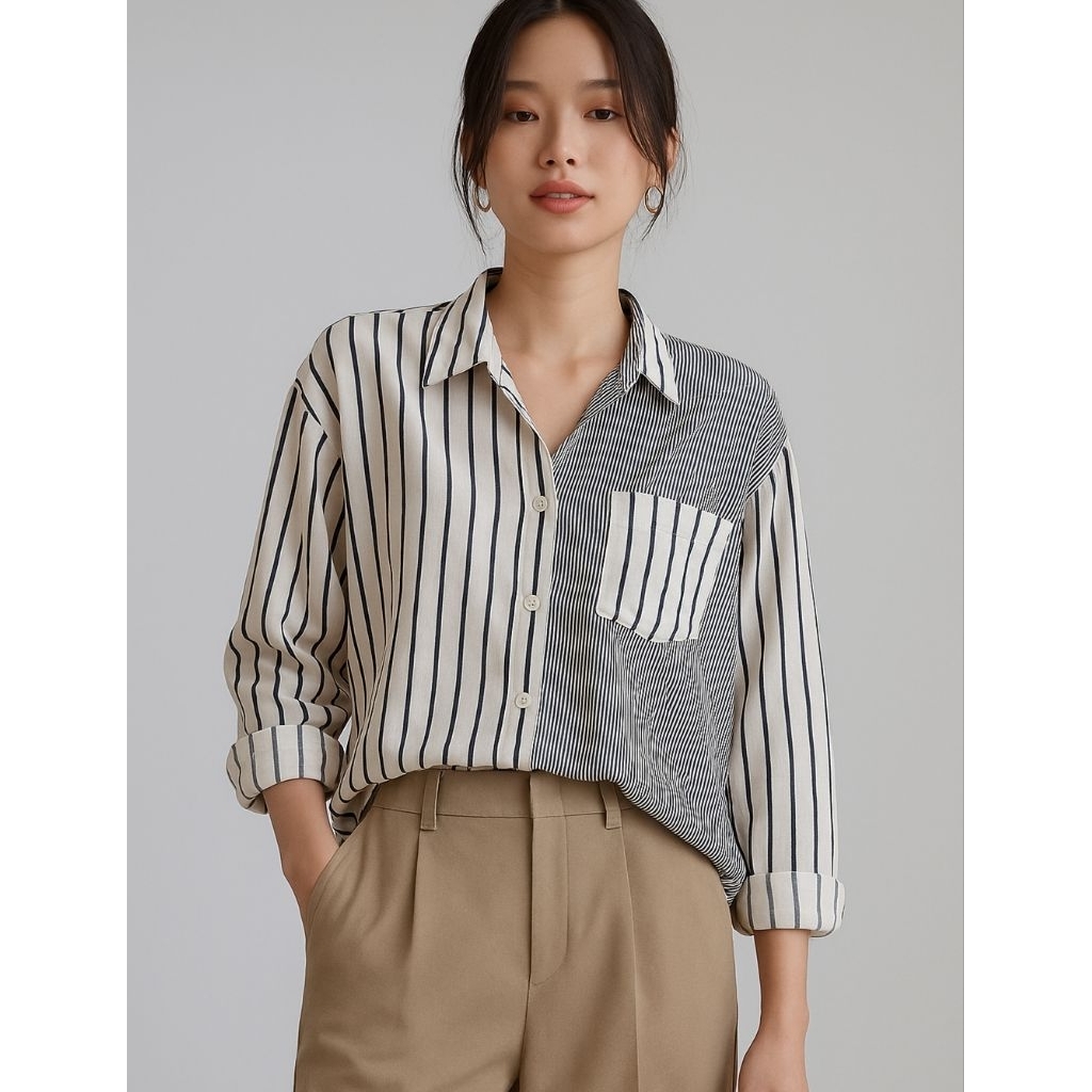 Kemeja Wanita Garis Striped Casual Lengan Panjang Oversize | Kemeja Motif Kotak Garis Atasan Cewek G
