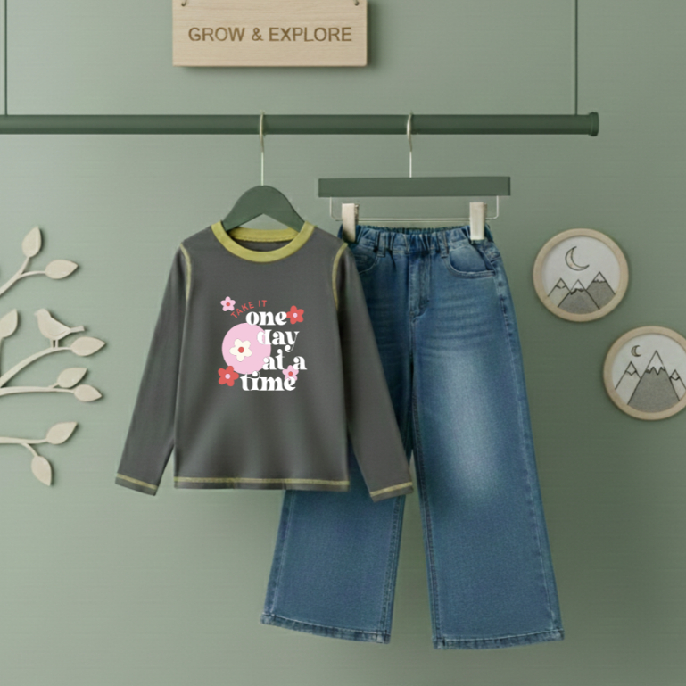 Setelan anak trendy dengan kaos katun motif tulisan positif “One Day at a Time” dan celana jeans lon