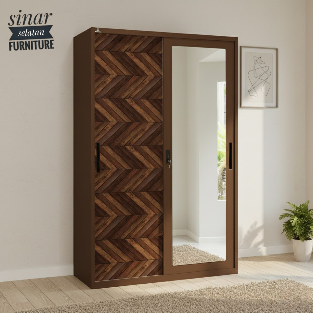 Lemari Pakaian 2 Pintu Sliding Besi Motif Kayu - Lemari Pakaian Besi Anti Karat Dengan Cermin