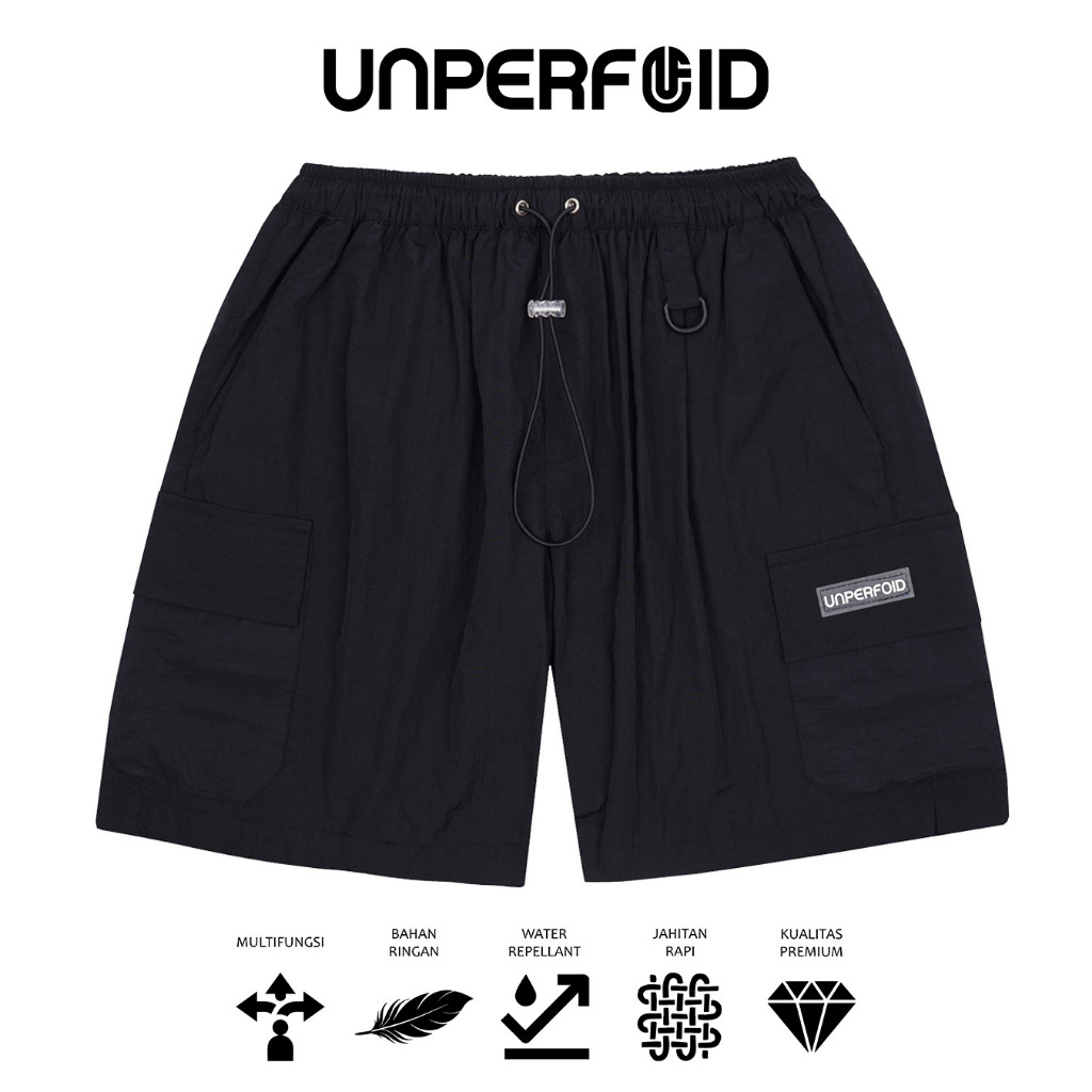 UNPERFOID - Celana Pendek Cargo Short Pants Boardshort Nylon Crinkle - Hitam / Bahan Adem Anti Air