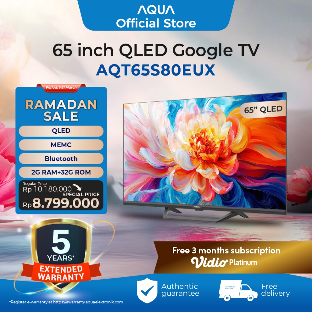 AQUA Elektronik TV 65 inch AQT65S80EUX - QLED - 4K HDR - Google TV - Bezel Less - RAM 2GB ROM 32GB -