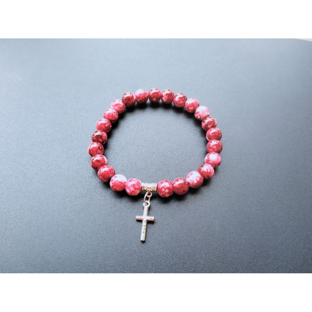 G784 GELANG SALIB MUTIARA BERAT KRISTAL KACA GIOK MOTIF BATU ALAM KATOLIK