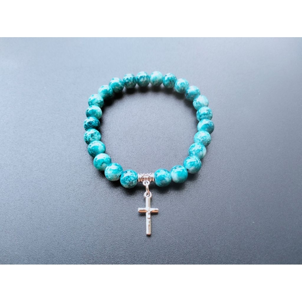 G788 GELANG SALIB MUTIARA BERAT KRISTAL KACA GIOK MOTIF BATU ALAM KATOLIK