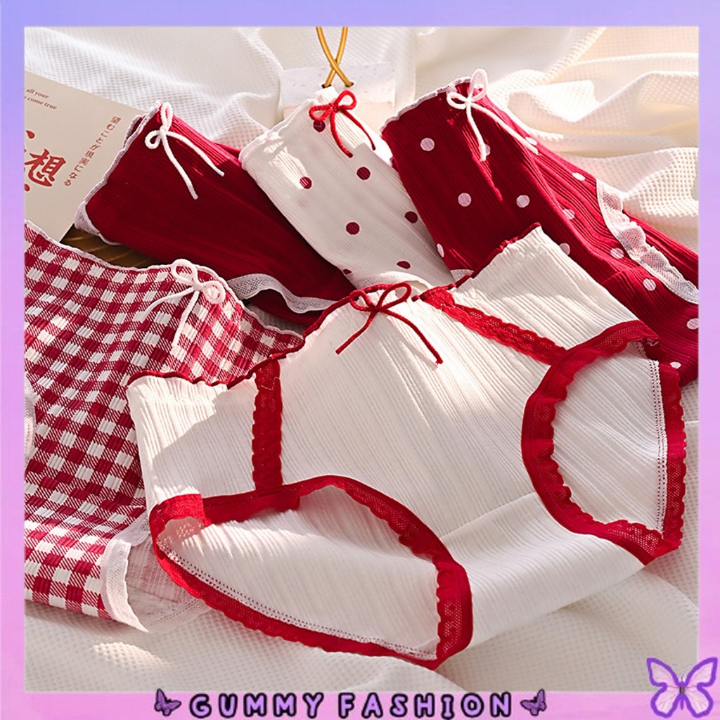 •GUMMY• CD2143 Celana Dalam Renda Pita Merah Red Wanita Lucu Bahan Katun Jepang Menyerap Keringat