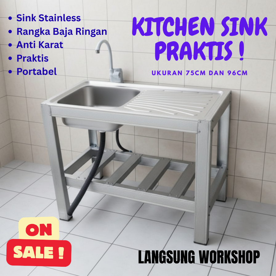 Kitchen Sink Bak Cuci Piring Portable Stainless Anti Karat Rangka Baja Ringan 75/96cm