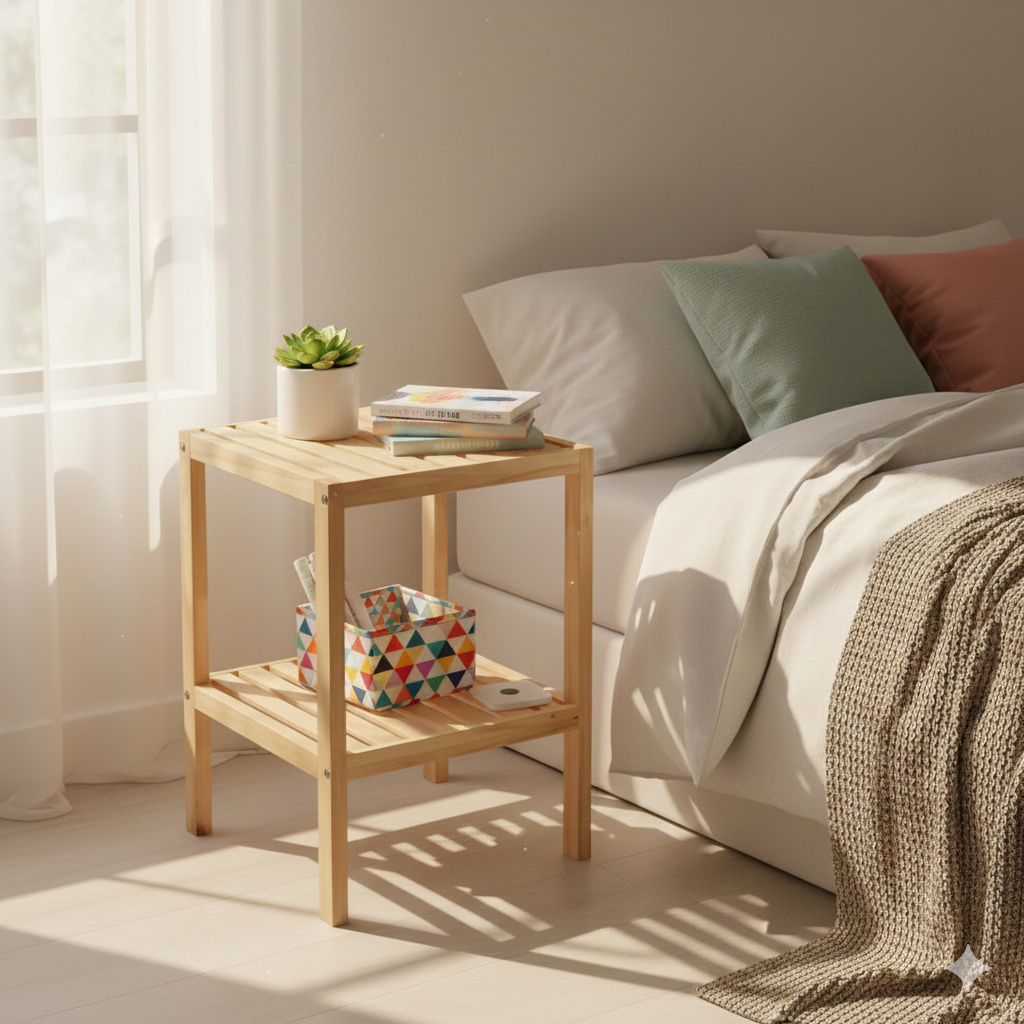 Rak Kayu Susun 2 Tingkat Rak Meja Nakas Wooden Shelf Rak Samping Tempat Tidur Serbaguna