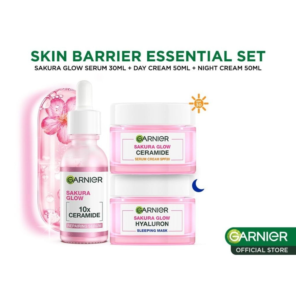 GARNIER Paket Skincare 1 Set Lengkap Sakura Glow Ceramide Skin Barrier Hydrating Daily Set Serum & C