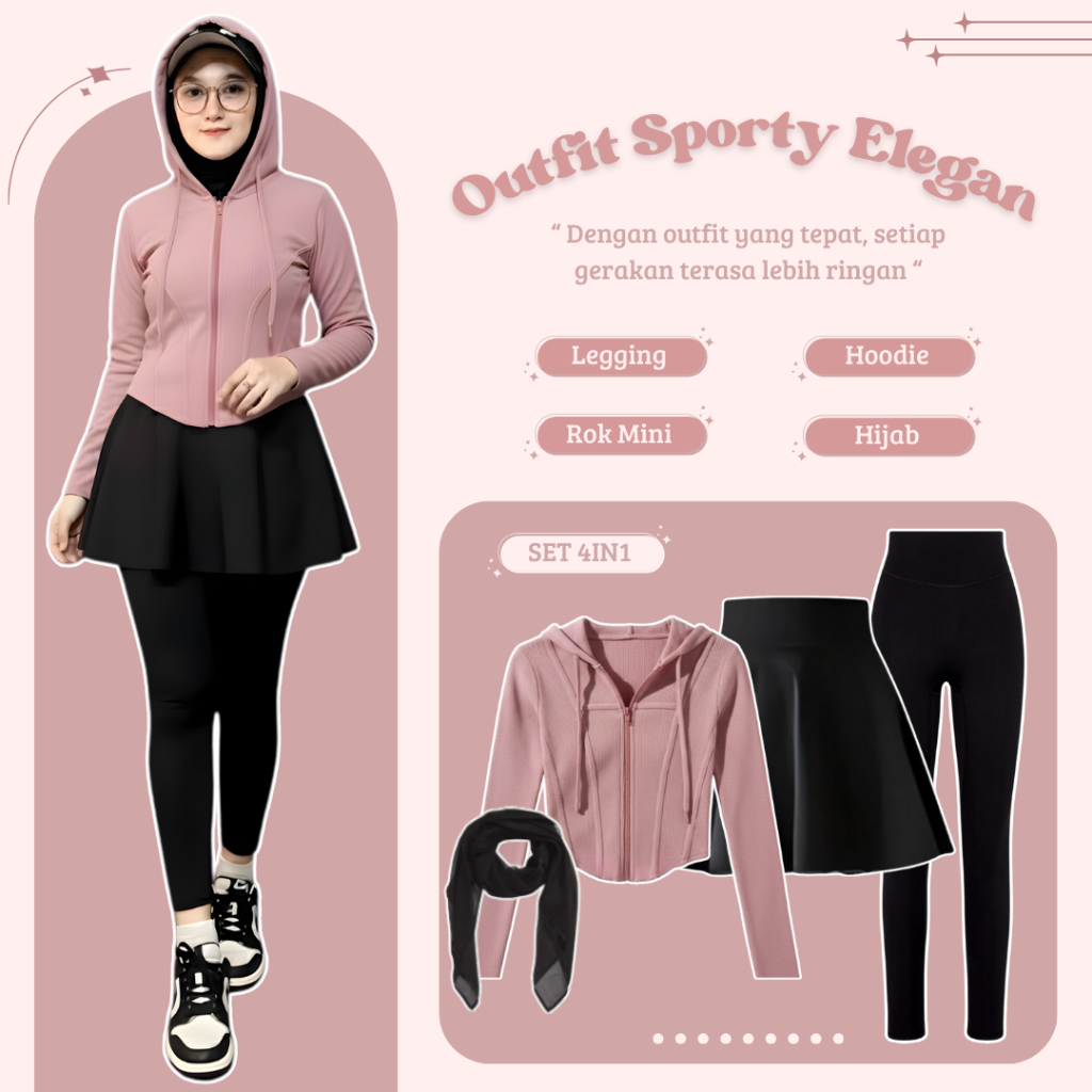 One Set Olahraga 4IN1 (HOODIE CROP TOP | CELANA LEGGING | ROK MINI FLARE | HIJAB BELLA) Outfit Tenis