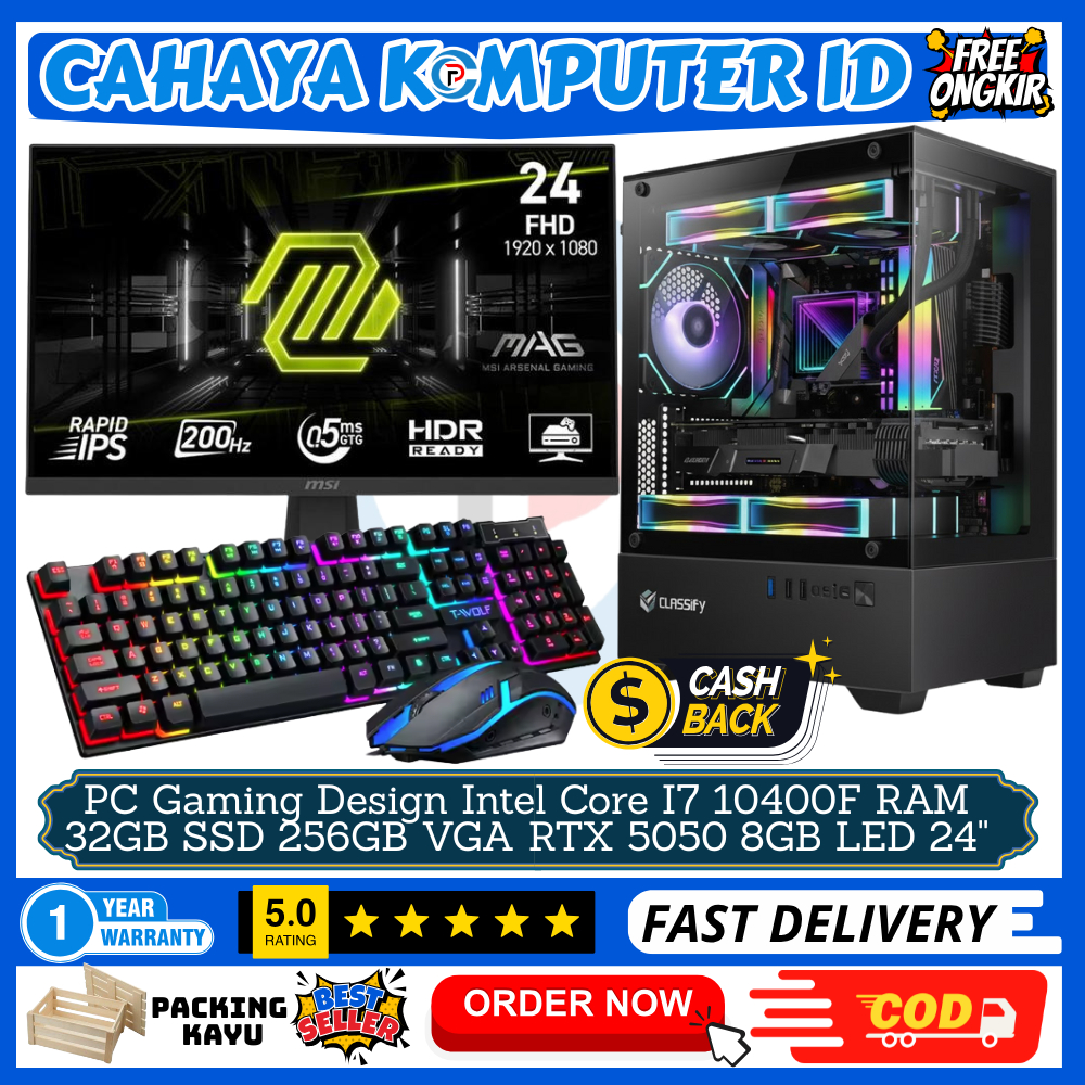 PC Gaming Editing Intel Core I7 10700F RAM 16GB VGA RTX 5050 8GB MONITOR MSI 24" 200Hz SIAP PAKAI