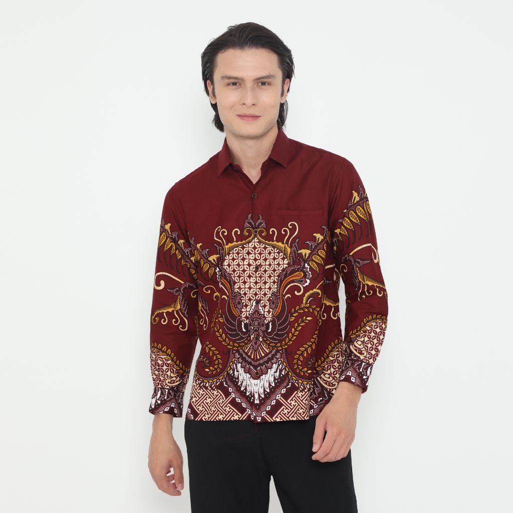 LUIGI RICCIO Kemeja Batik Pria Premium Lengan Panjang Best Seller Semi Formal Dewasa Sampai 5XL Red 