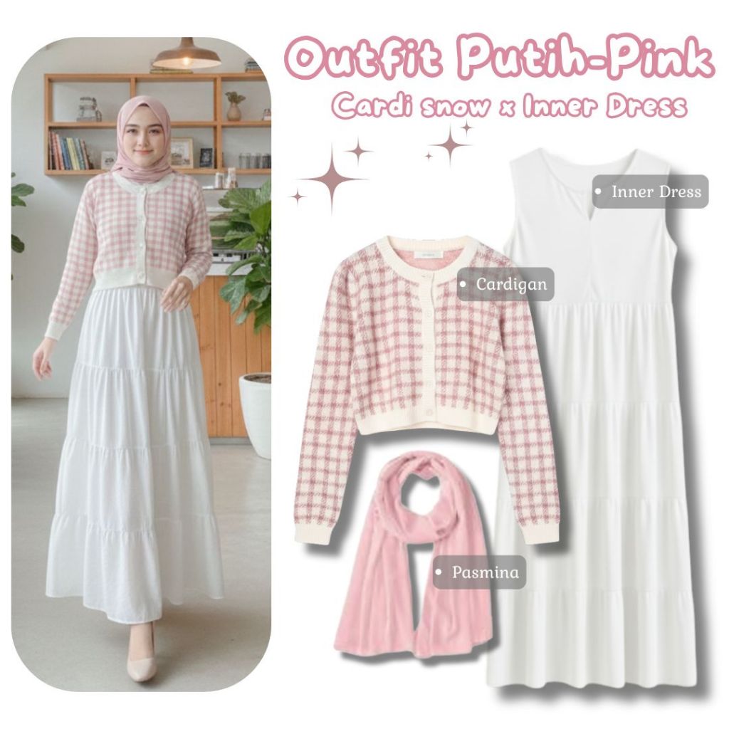 Setelan Wanita Hijab Dress 3in1 Style Lebaran Kekinian Terbaru Cardigan Rajut Snow Pink Inner Dress 