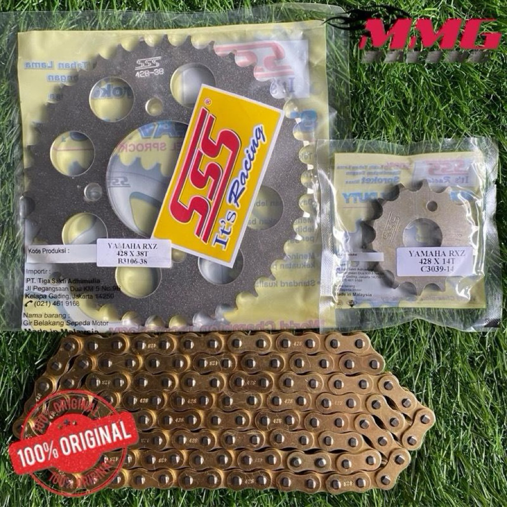 Original Gear Set SSS 428 + Rantai Gold Polos Untuk Motor Jupiter Mx New, Jupiter Mx Old, Rxking, Ju