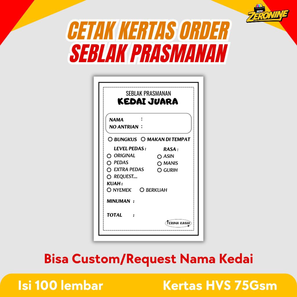 (100 dan 200 pcs) Kertas order seblak prasmanan kertas pesan seblak / Kartu seblak / Kertas menu