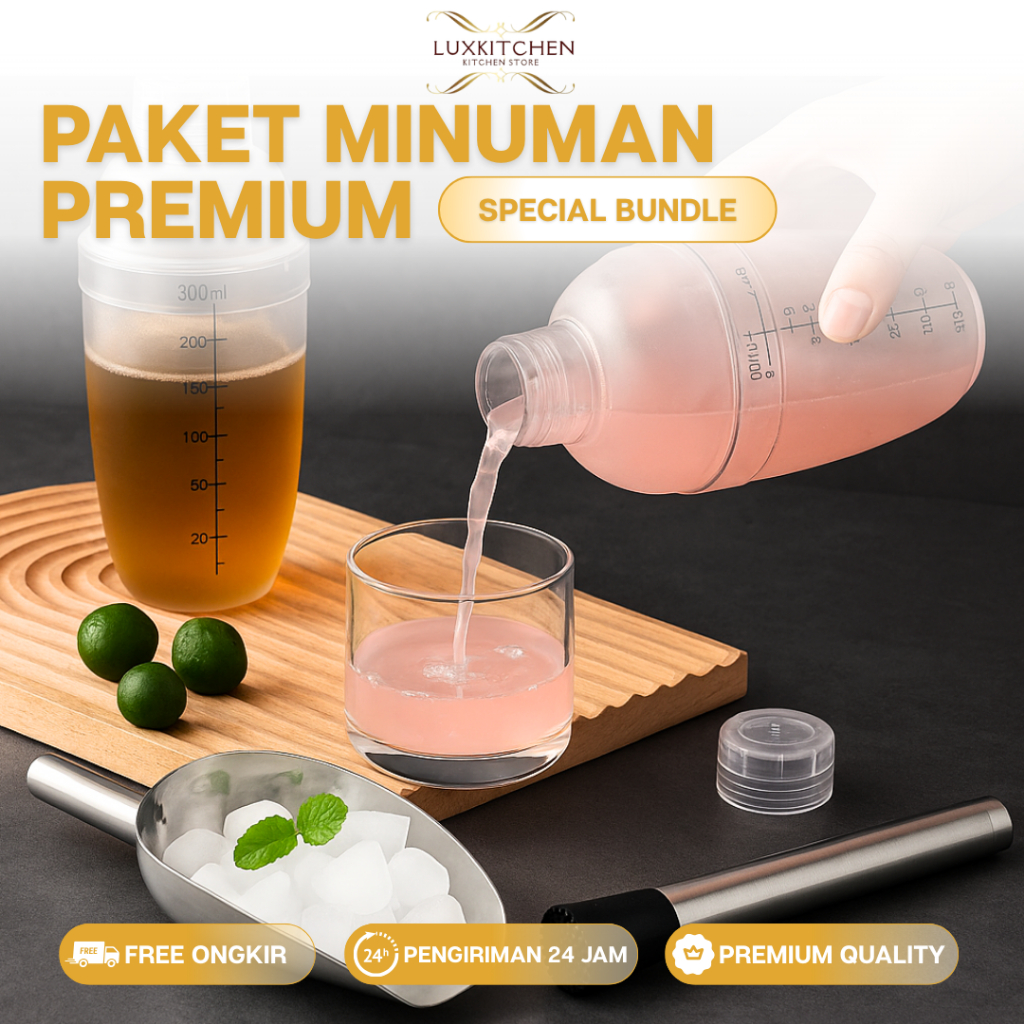 LuxKitchen - Paket Es Premium Lengkap – Shaker Minuman + Sendok Es Stainless Steel + Palu Es dan Bua