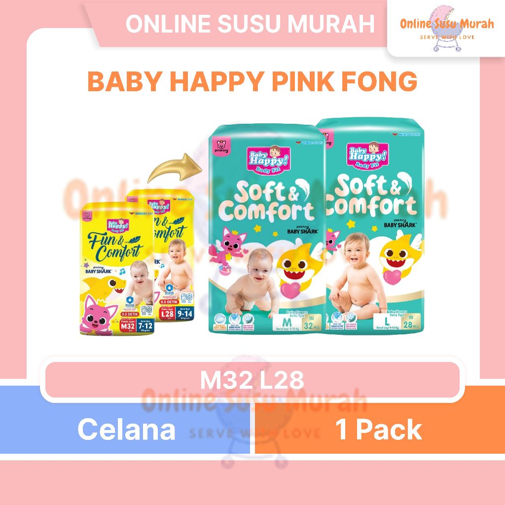 BABY HAPPY PANTS FUN & COMFORT PINK FONG M32 L28 POPOK CELANA BAYI M 32 L 28 PPKS
