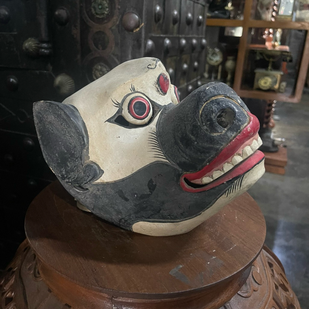 Topeng Kayu Anjing Putih Lawas Jadul Tua