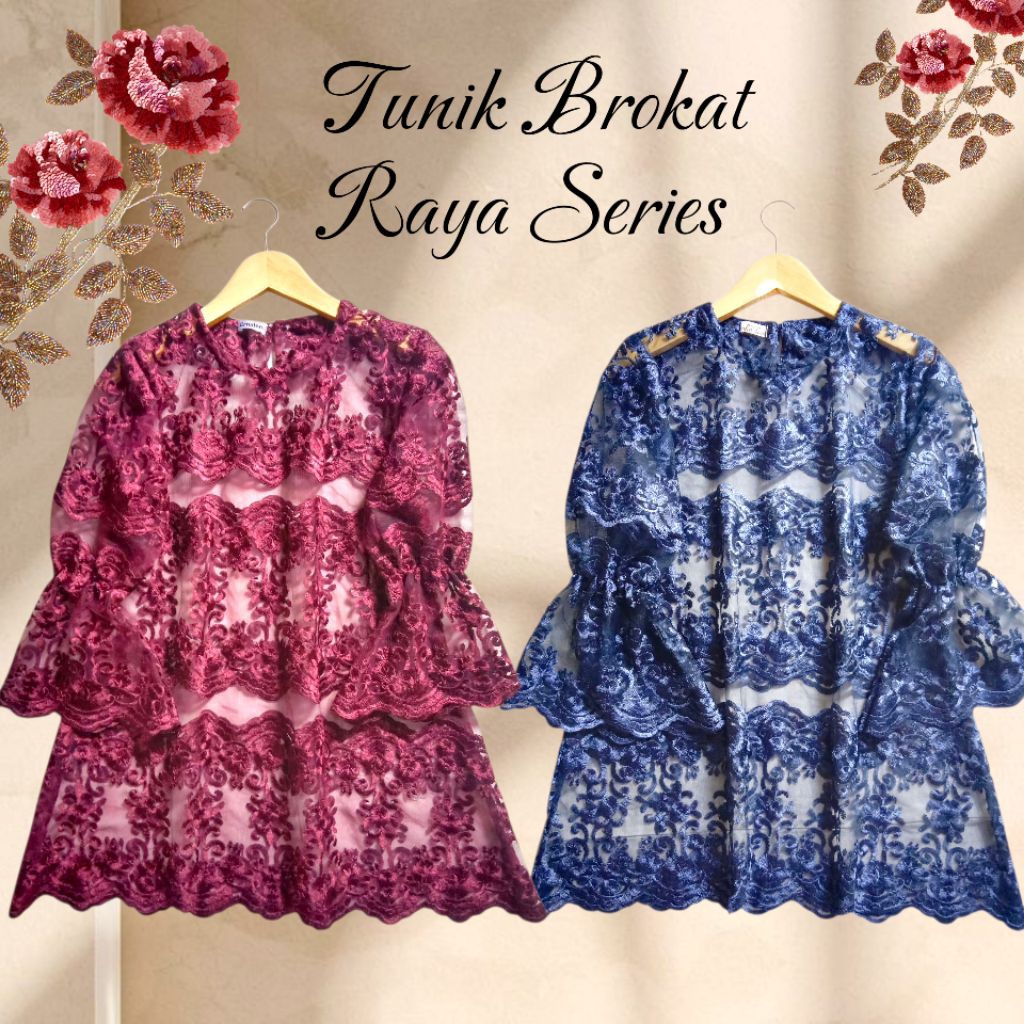 Tunik Brokat Bordir Mewah Burgundy Navy | Kebaya Wanita Brokat Modern untuk Kondangan & Wisuda