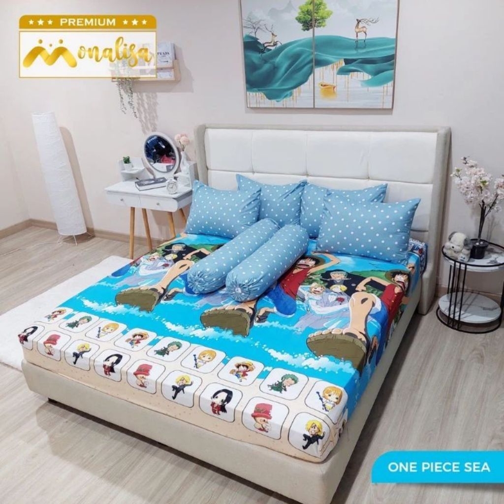 SPREI KARET KATUN PREMIUM 90/100/120/140/160/180/200 Motif one piece sea biru blue anime anak kartun