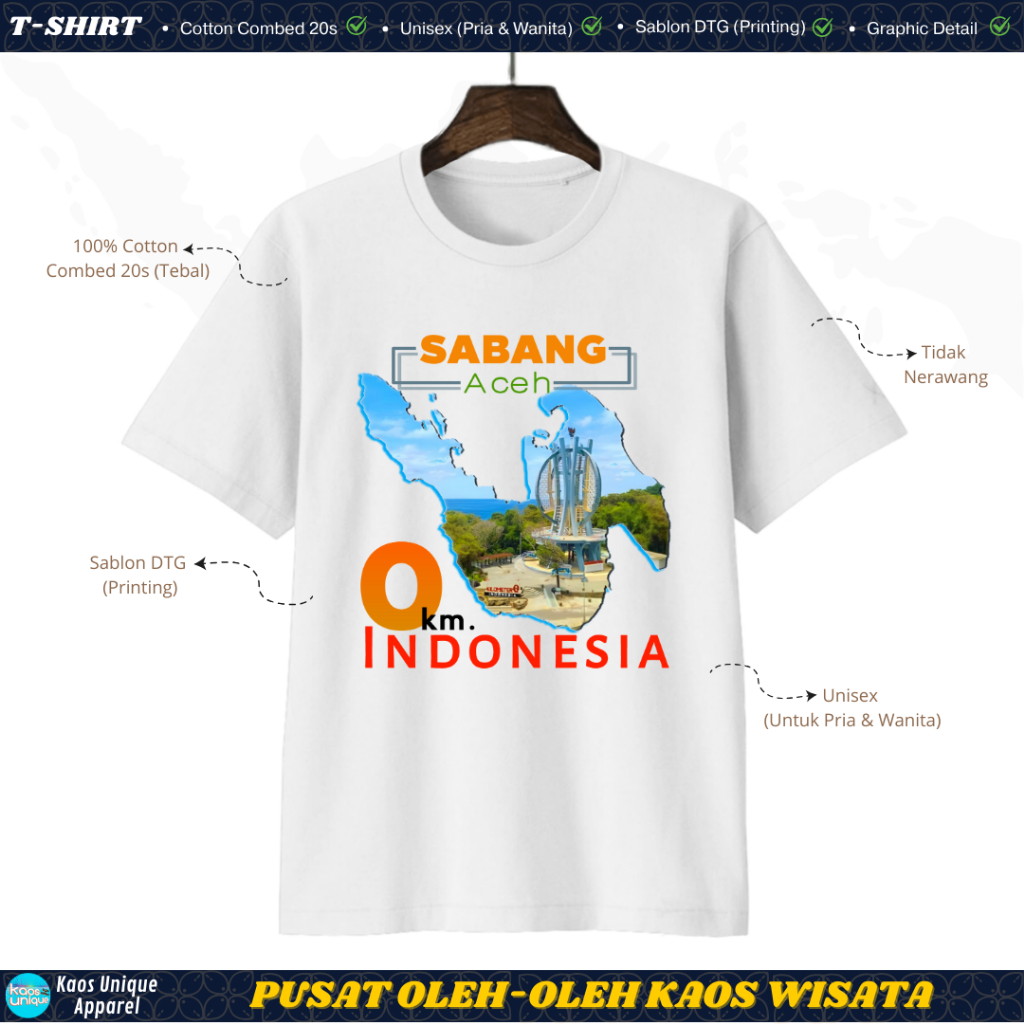 KAOSUNIQUE T-shirt Sabang Aceh - Unisex Katun Combed 20s Sablon Printing Kaos Wisata Kaos Oleh-Oleh