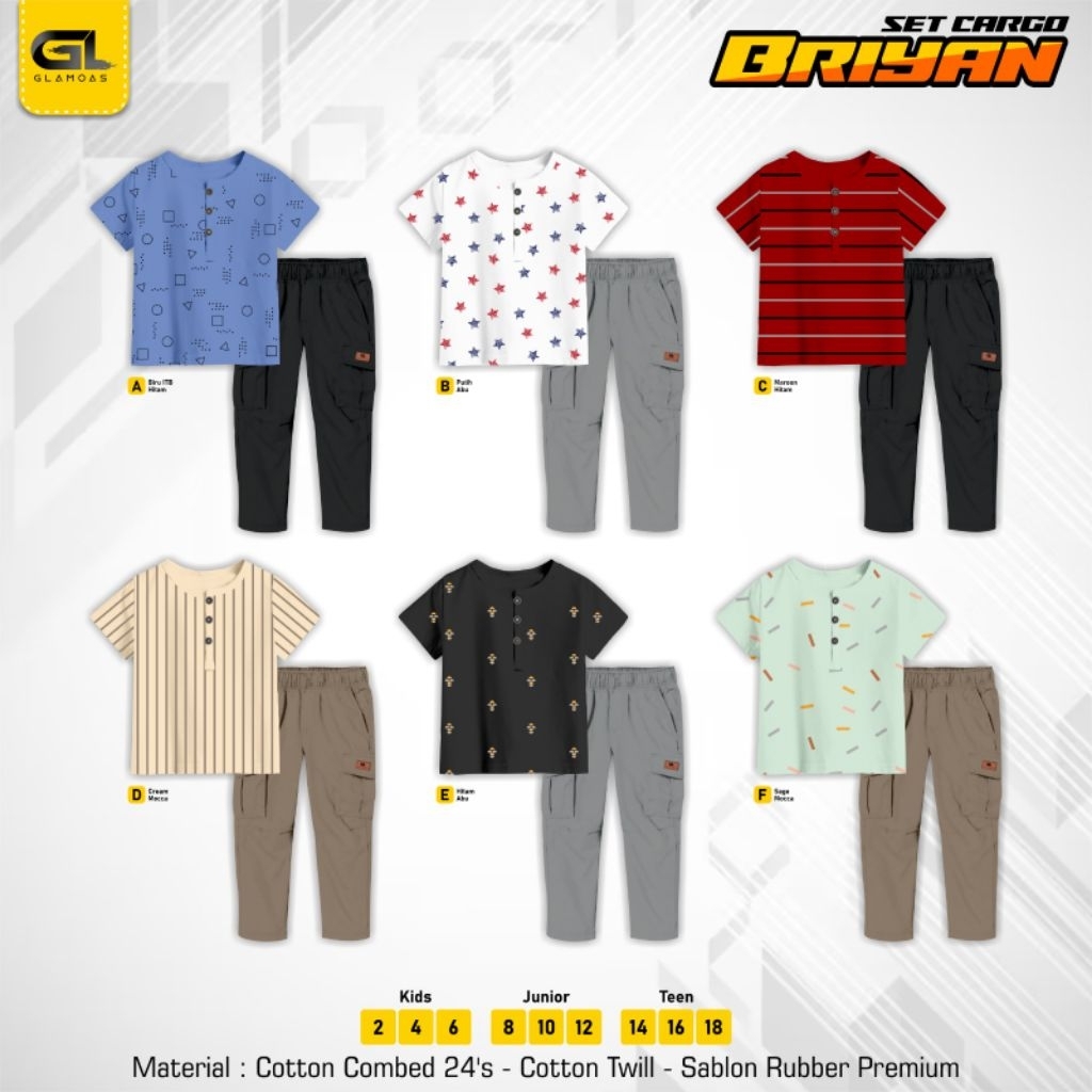 Po‼️ Glamoas Setelan Kaos Pendek Chinos Anak Remaja Cowok Daily Set Cargo Briyan 2-18th Combed Premi