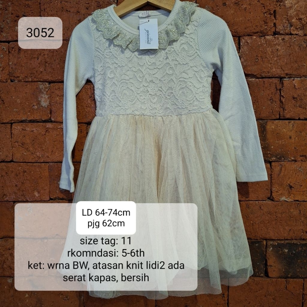 GAUN DRESS ANAK 5-6 TAHUN WARNA CREAM BW KNIT LIDI MIX TUTU MURAH (3052)