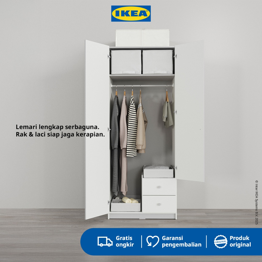 IKEA BRUKSVARA Lemari Pakaian 2 Pintu Dengan 2 Laci Putih 79x57x201 cm