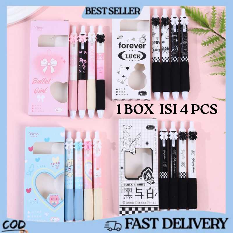 PN11 Pulpen Gel Mekanik 0.5 mm Set Isi 4 Pcs Pulpen Karakter Aesthetic Tinta Hitam untuk Sekolah dan