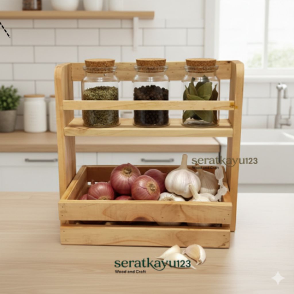 Rak Bumbu Dapur Kayu Minimalis  / Rak Bawang Kayu / Rak buah / Rak Botol minyak Saos Kecap / Rak Ser