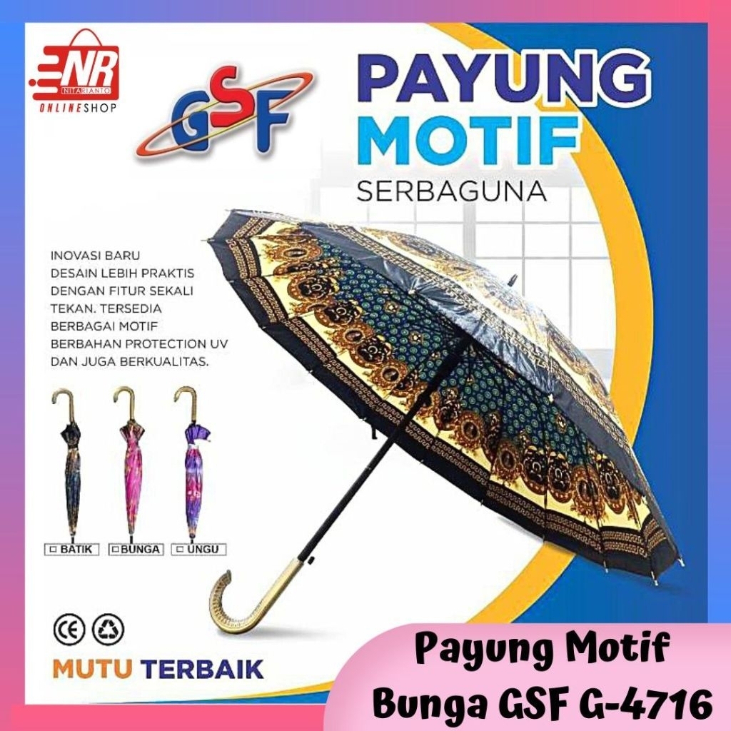 Payung Hujan Dewasa 16 Jari Kain Satin Nagako GSF G - 4716/ Payung Hujan GSF 16 Jari Handle Emas/Pay