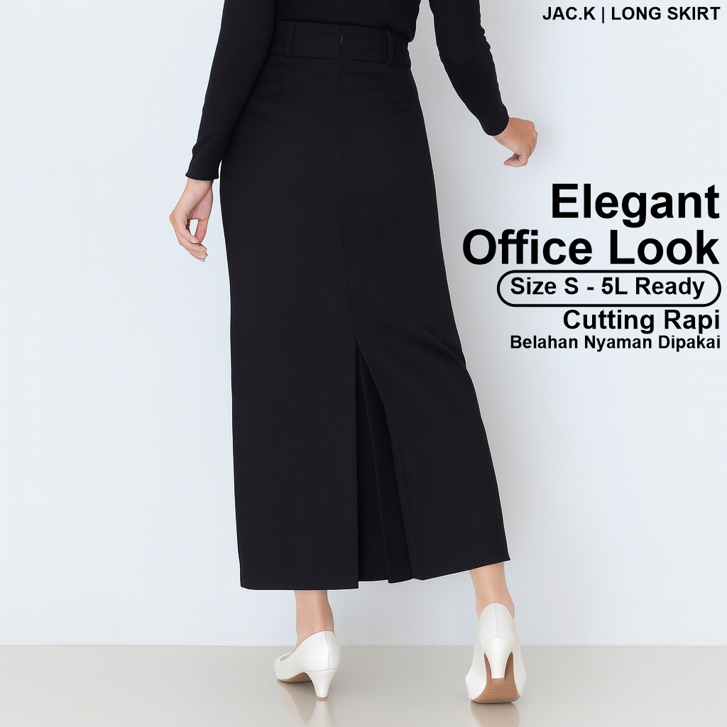 Rok Panjang Wanita Hitam – Rok Formal Belahan Belakang • Bahan Premium • Size S–5L