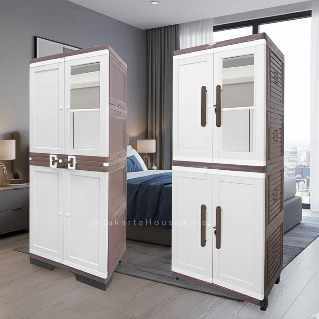 Lemari Pakaian Jumbo Kaca Kunci 4 Susun Lemari Baju JUSTIN Besar Anti Rayap Anti Banjir