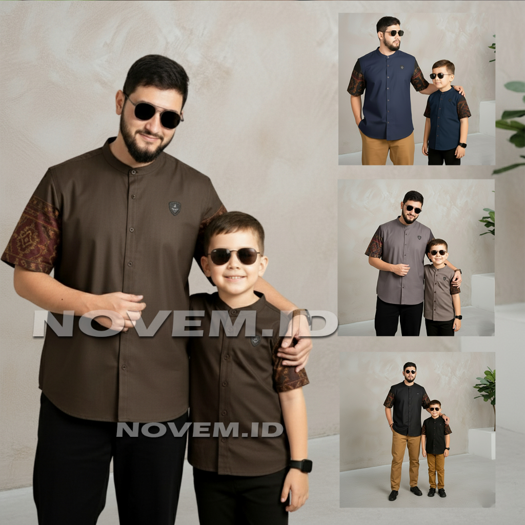 Baju Koko Couple Ayah Dan Anak Laki Laki  Lengan Pendek Motif Kombinasi Batik kain toyobo mahagony