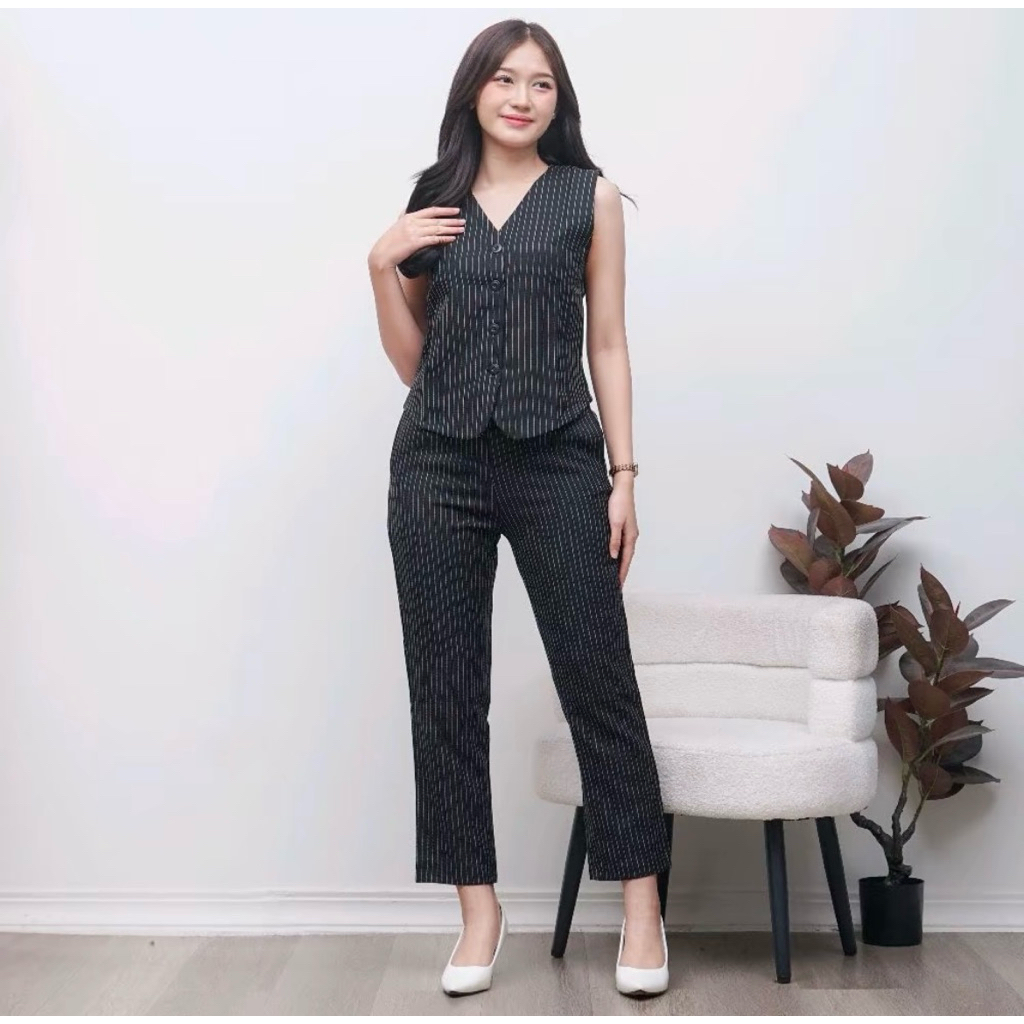 Aura vest set - setelan wanita formal - rompi tanpa lengan korean style - blazer stripe salur