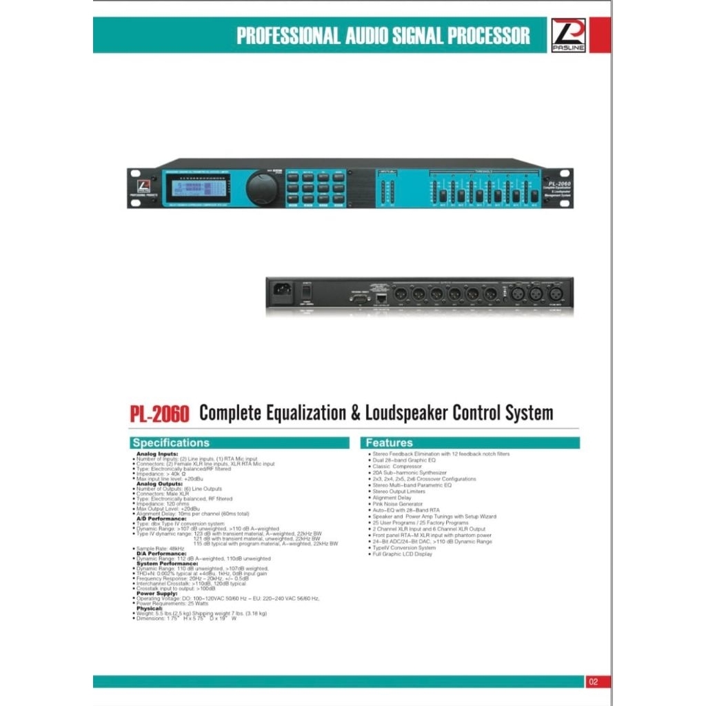 LOUDSPEAKER MANAGEMANT PASLINE PL 2060 PROFESIONAL AUDIO SIGNAL PROSSESOR PASLINE PL2060