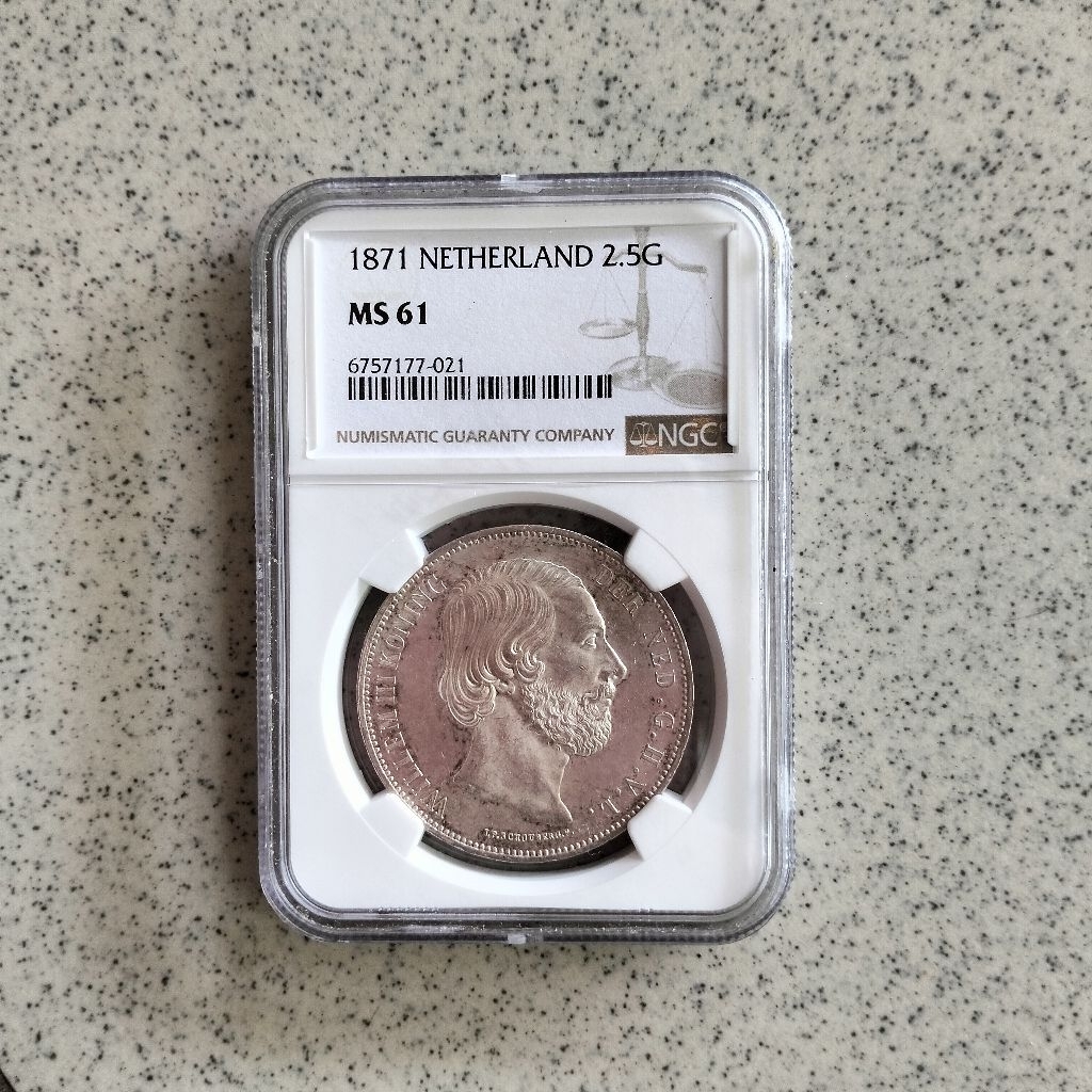 NGC MS 61 Koin Perak 2.5 Gulden Willem III Netherland 1871 Silver Coin
