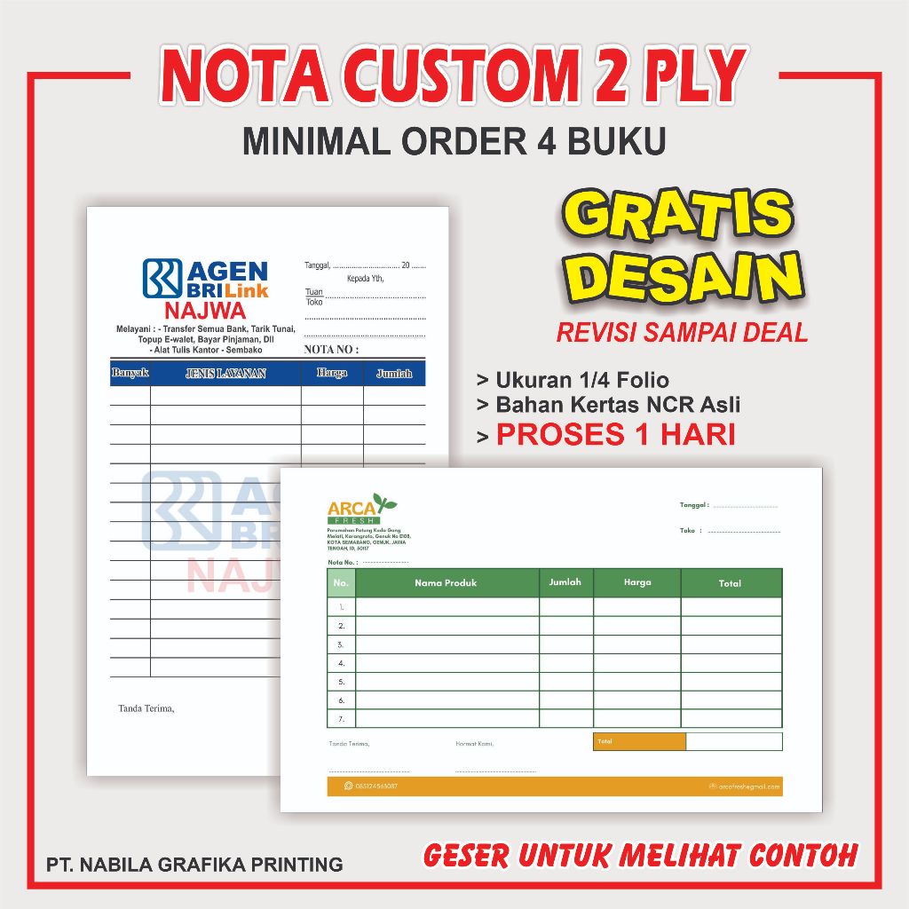 Nota Custom 2 Ply 1/4 Folio Min. 4 Buku GRATIS Desain Cetak Nota Penjualan Toko Olshop Logo Sendiri