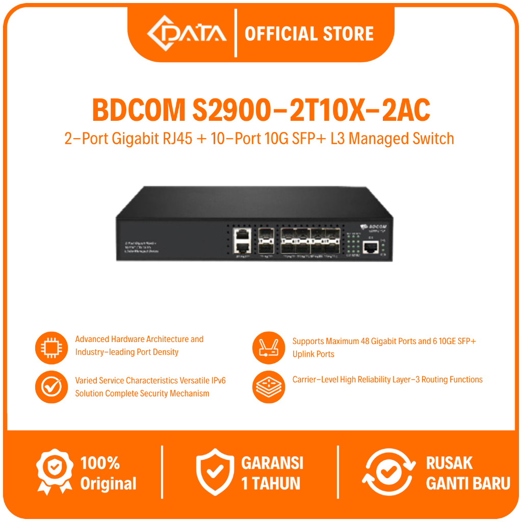 CDATA BDCOM S2900-2T10X – Switch 10G 2GE + 10 SFP+ | L3 Enterprise, IPv6, MPLS, Aggregation Switch