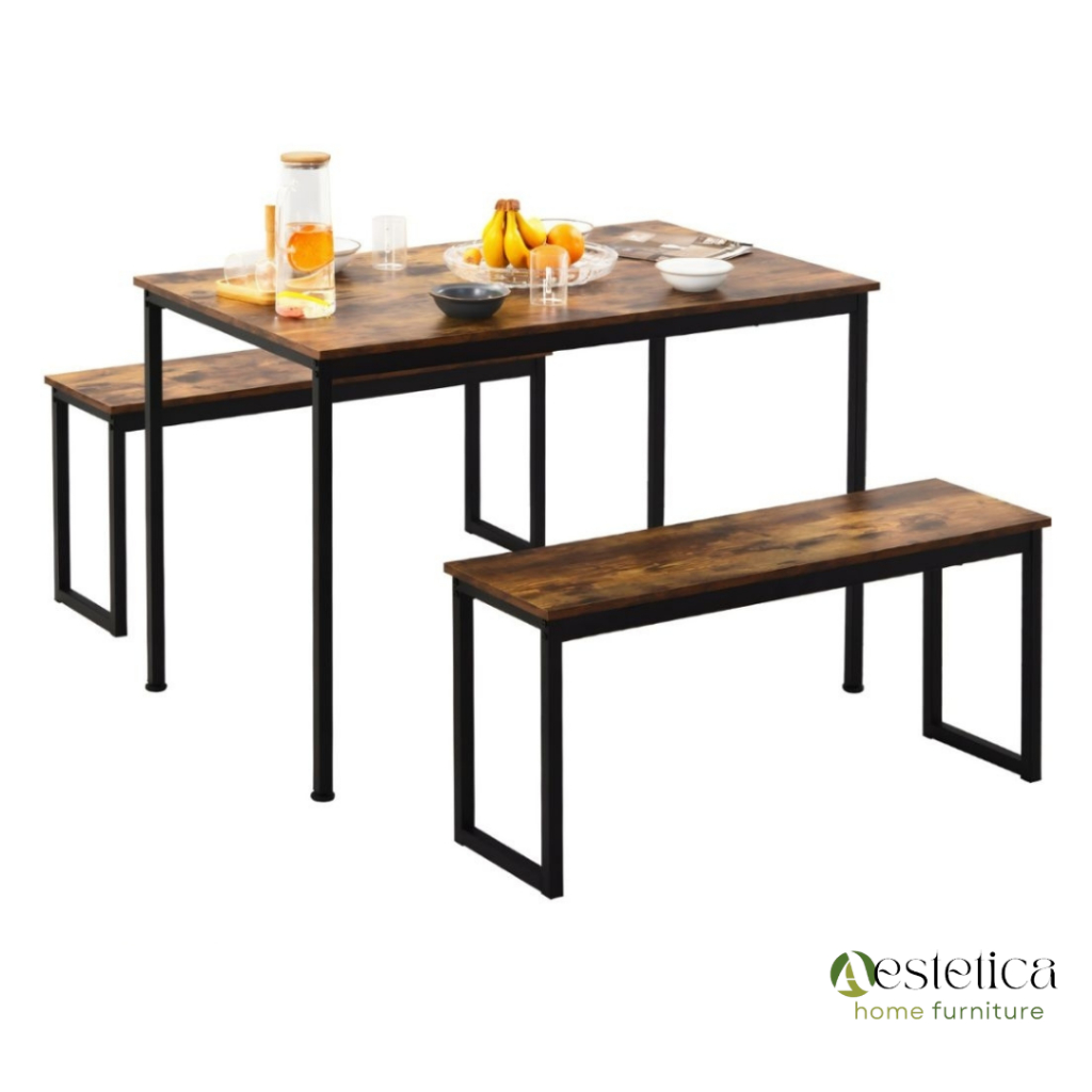 SET MEJA CAFE KAYU KAKI BESI / MEJA PANJANG / KURSI CAFE / ISLA DINING SET / CAFE SET By Aestetica F