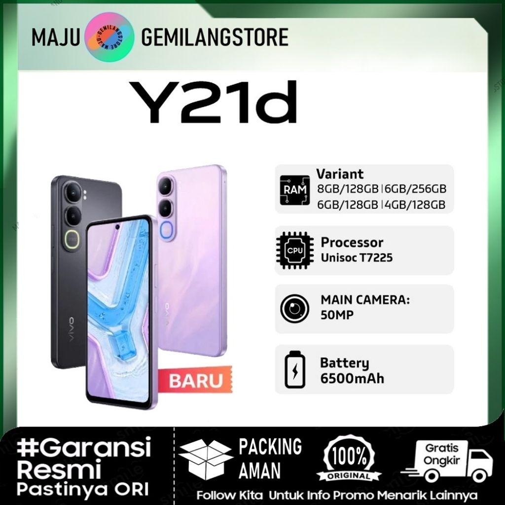 Vivo Y21D ram [4/128][6/128][6/256][8/128] 6,68 inci - 90Hz | 6500mAh - 44W | 50MP - Dual Stereo Spe