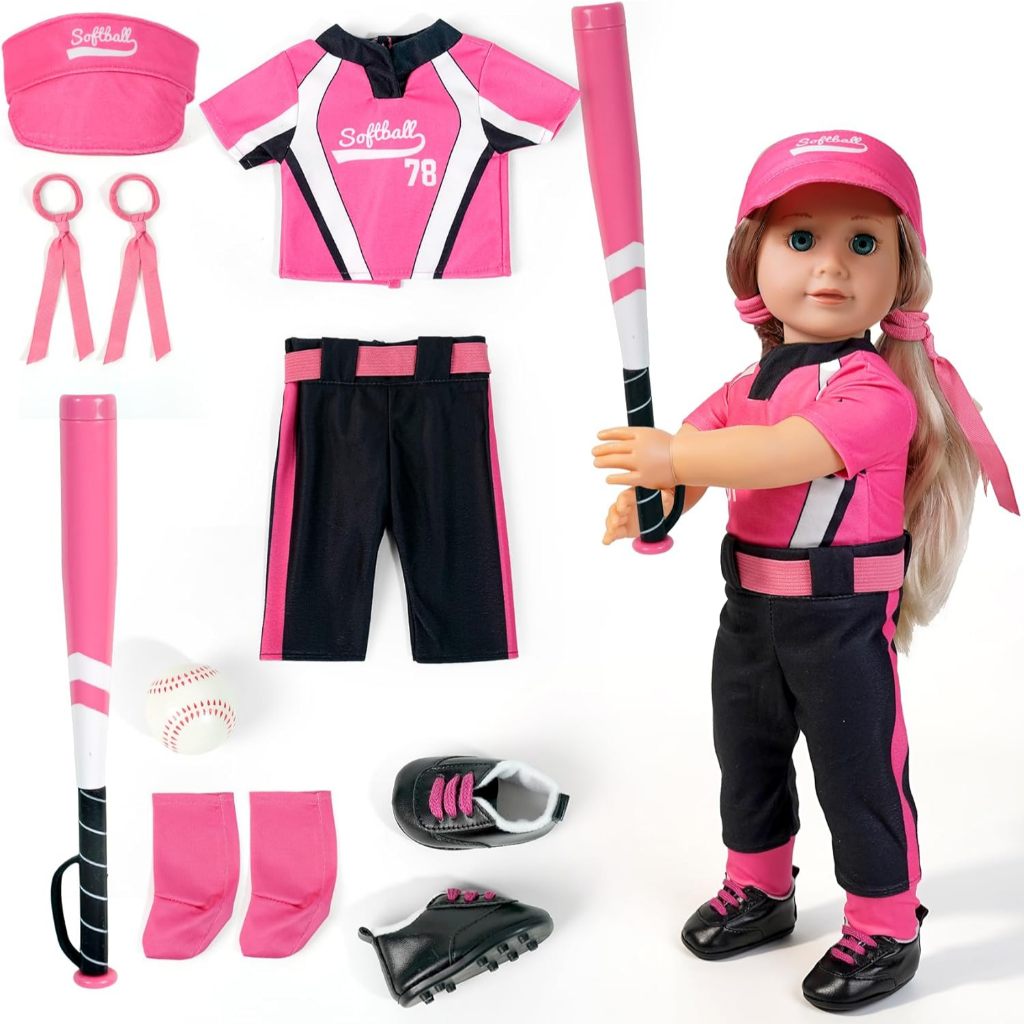 ARTST Softball Uniform Doll Outfit-American 18 inch Doll Clothes Accessories Set Including Hat Pink