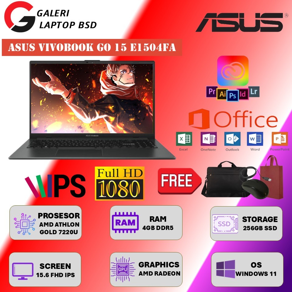 Promo Laptop Murah Asus Vivobook Go 15 E1504FA Amd Athlon Gold 7220U 4GB DDR5 256GB Ssd Full HD Ips 