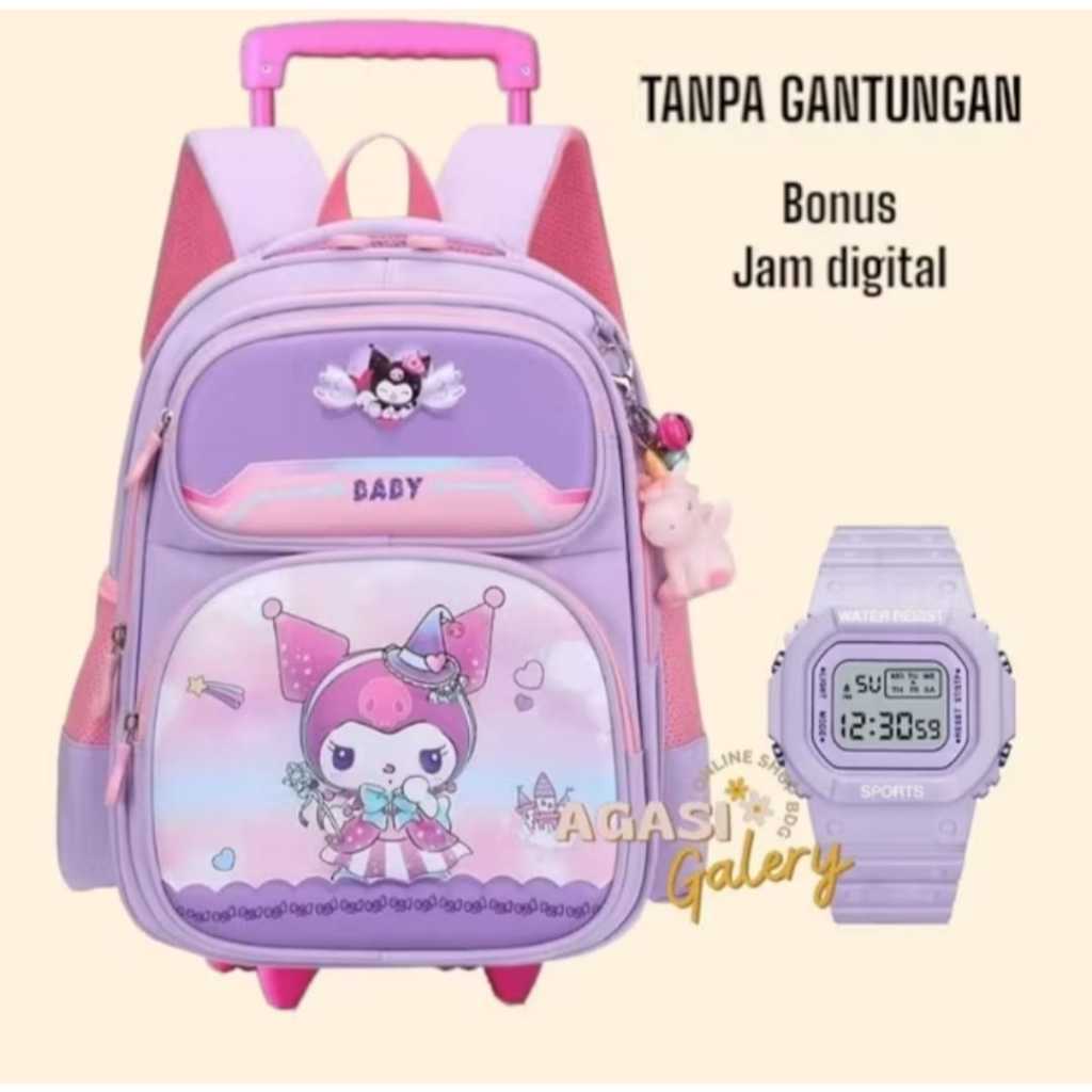 Tas Troli Anak Perempuan SD Motif Baby Kuromi - Tas Dorong Anak Sekolah SD Kuromi - Ransel Sekolah A