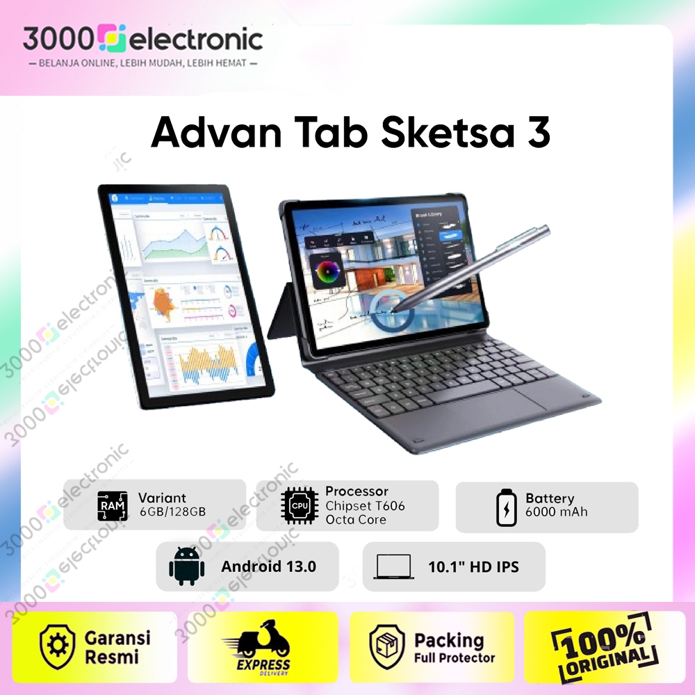 Advan Tablet Sketsa 3 6/128GB | Layar 10.1"hd ips , tab 10 inch support pen & keyboard - Ram 6GB + 1