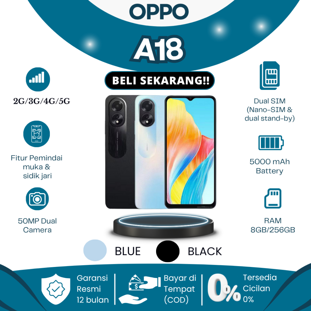 OPPO A18 Asli RAM 4GB 128GB – HP Murah Terbaru 2025 Layar 6.56 Baterai 5000mAh